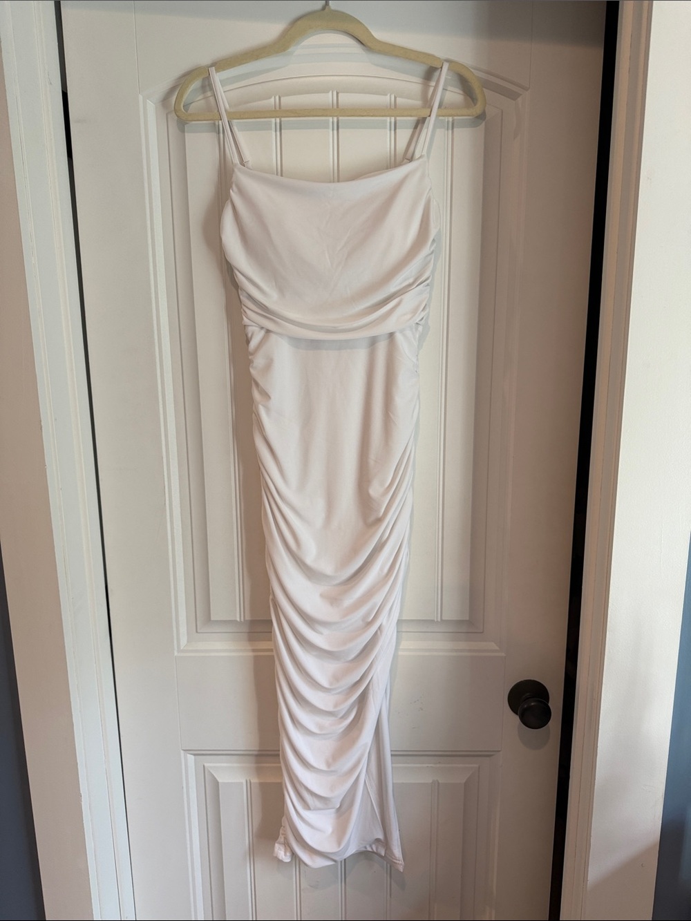 Express White Ruched Spaghetti-Strap Midi Dress